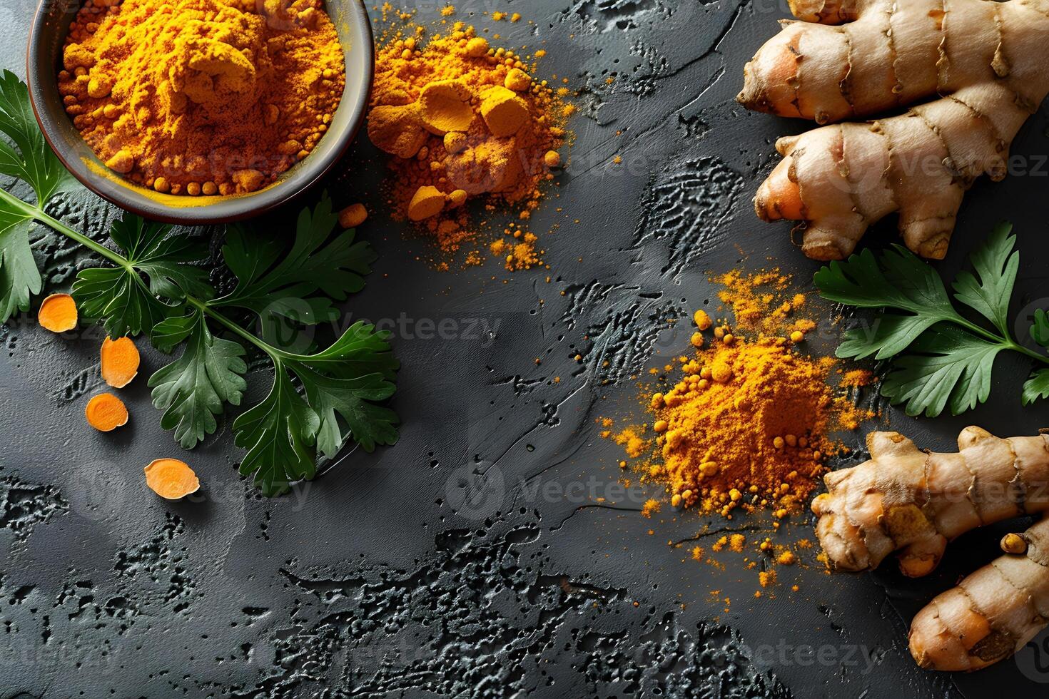 Fresh Ginger Roots and Turmeric Powder on Dark Surface - Herbs and Spices Concept for Culinary Design and Healthy Cooking photo
