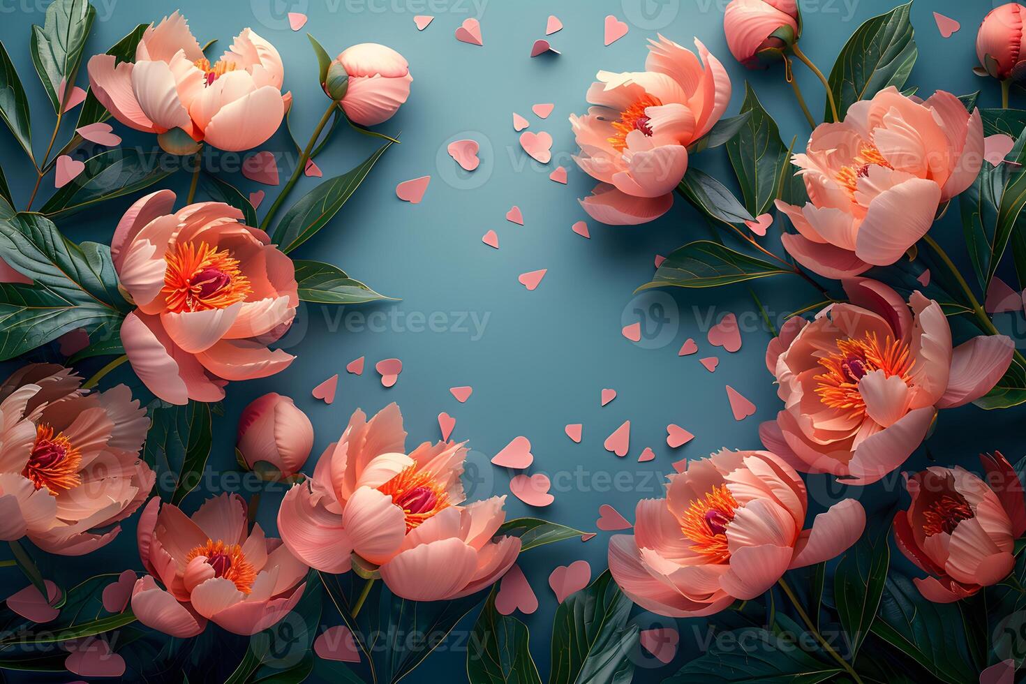 Elegant Peony Flower Frame with Petals on Teal Background - Ideal for Print, Card, Poster Design photo