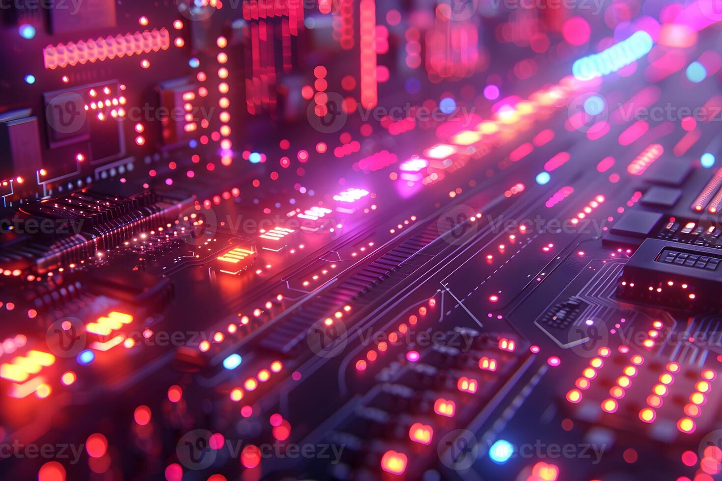 Futuristic Circuit Board Close-Up with Vibrant Lights - Technology Background for Digital Innovation Designs photo