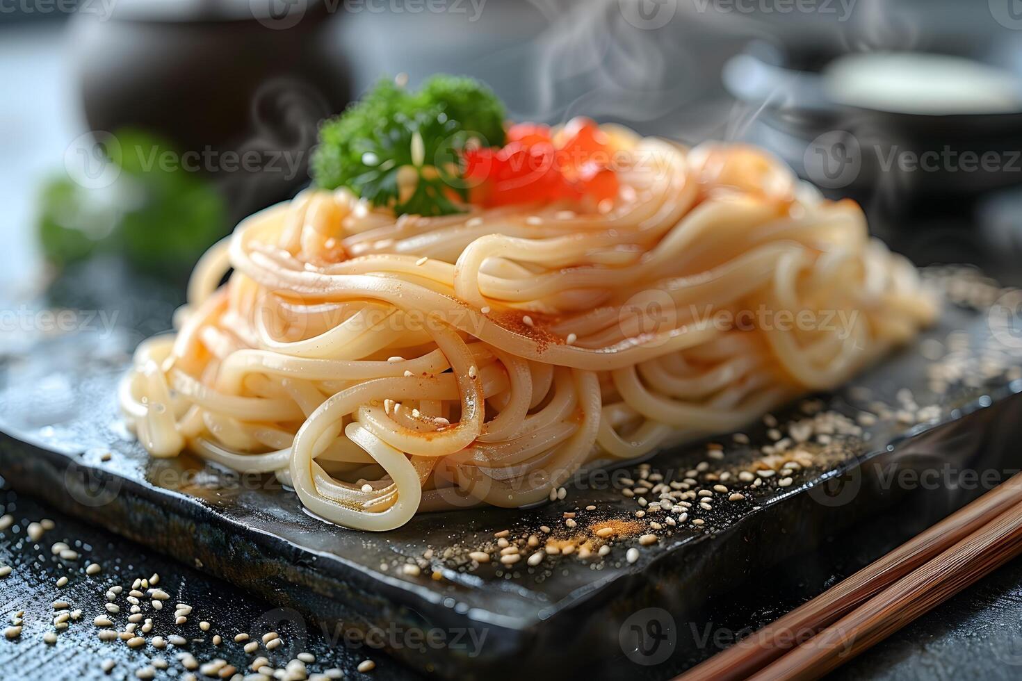 Steaming plate of Asian noodles with sesame seeds and fresh parsley on a slate dish photo