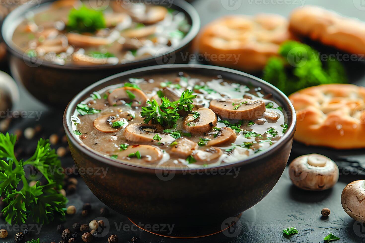 Hearty Mushroom Soup in Rustic Bowls with Fresh Herbs and Bread - Perfect for Comfort Food Recipes photo