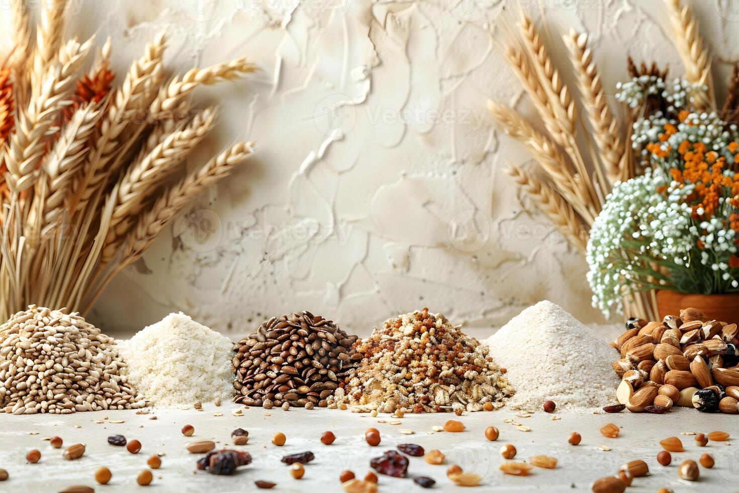 Variety of Grains and Nuts Displayed Against Rustic Background - Ideal for Healthy Living and Culinary Designs photo