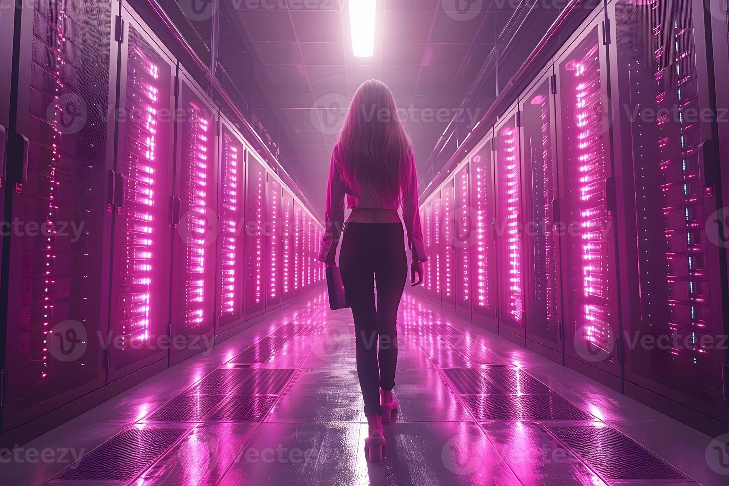 Woman in Data Center with Pink Neon Lights - Futuristic Technology Concept for Networking and IT Design photo