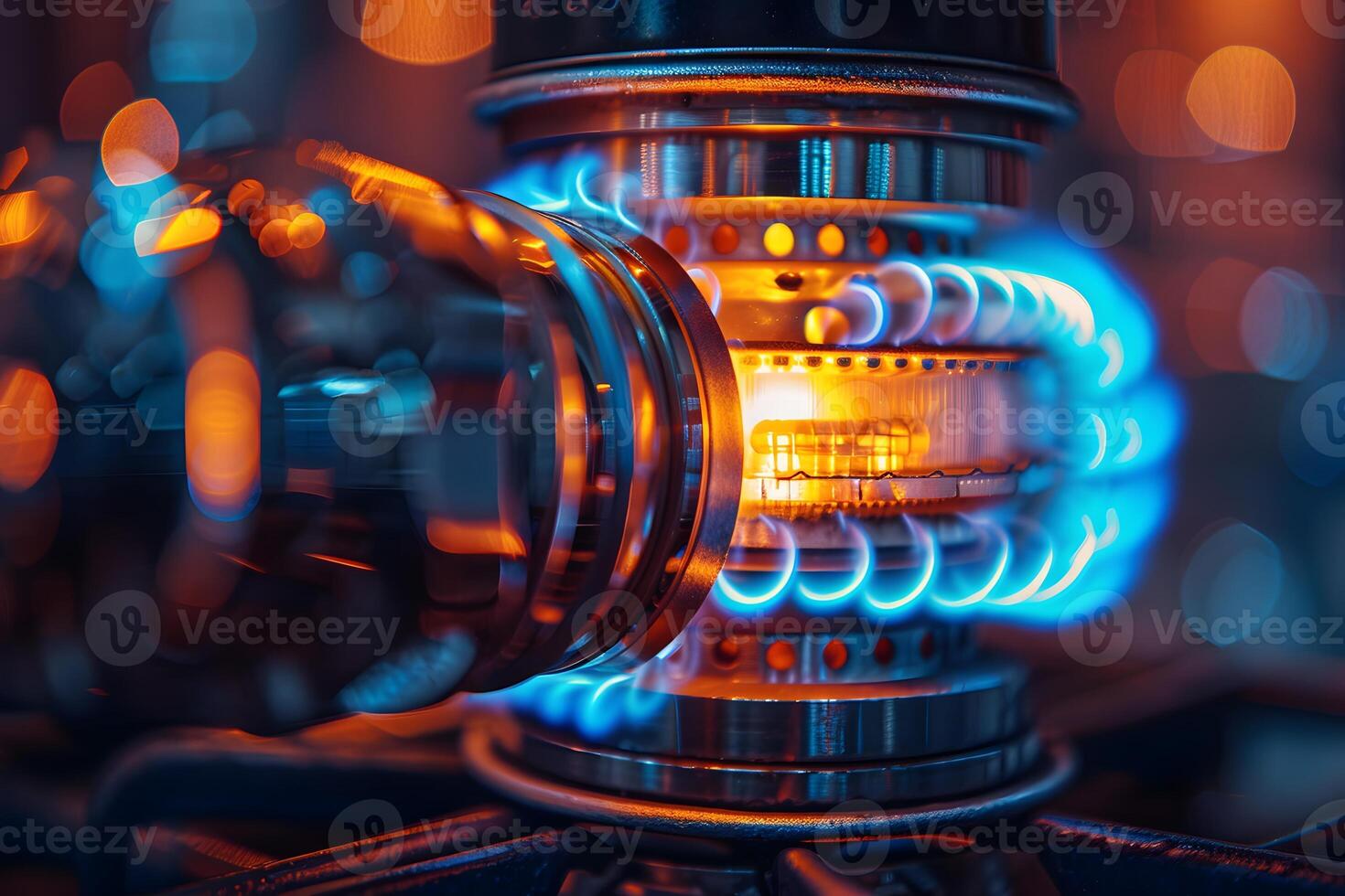Industrial Machinery Close-Up of High-Tech Mechanical Equipment with Glowing Blue and Orange Lights photo