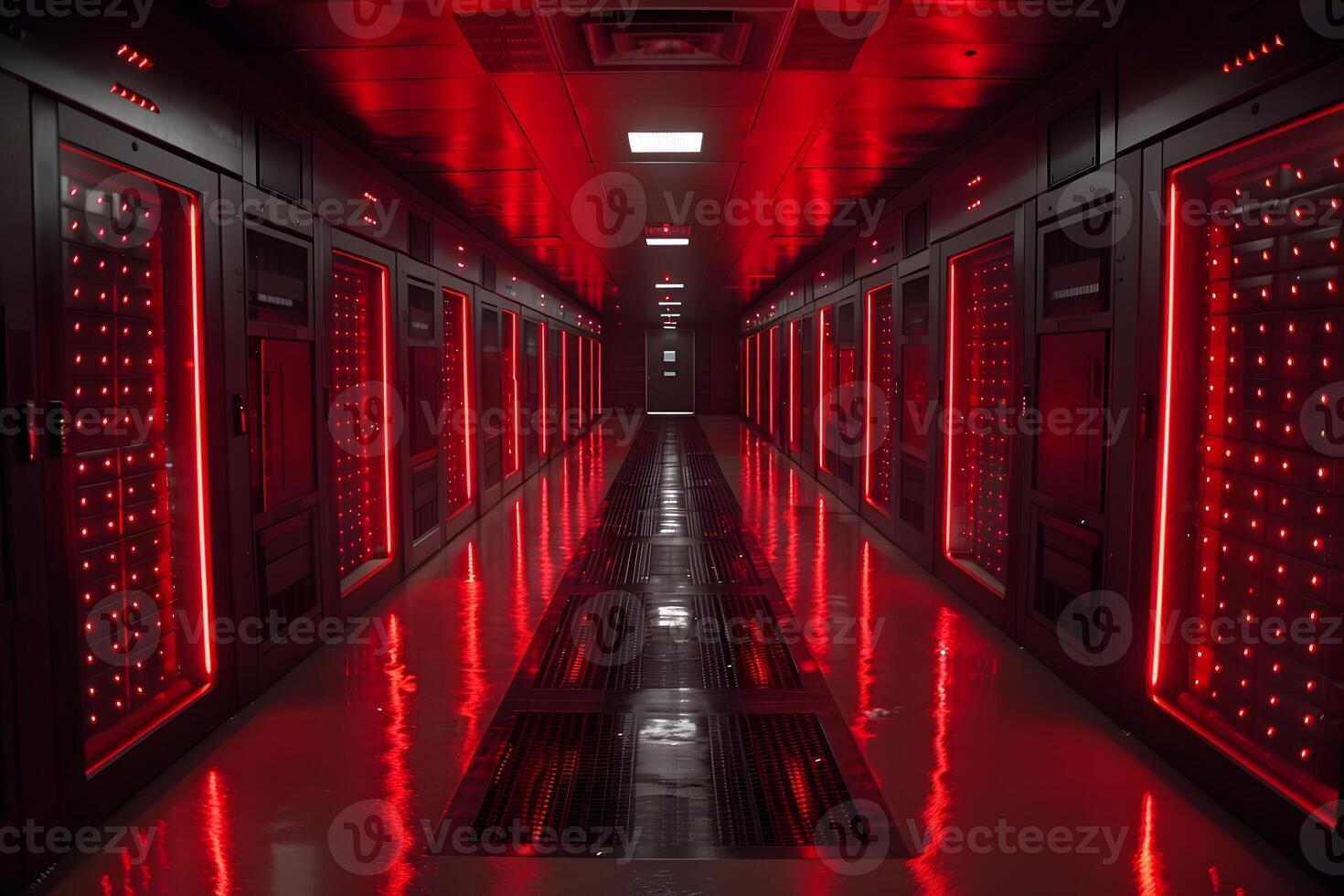 Futuristic Red Data Center Hallway - High-Tech Server Room with Glowing LED Lights photo