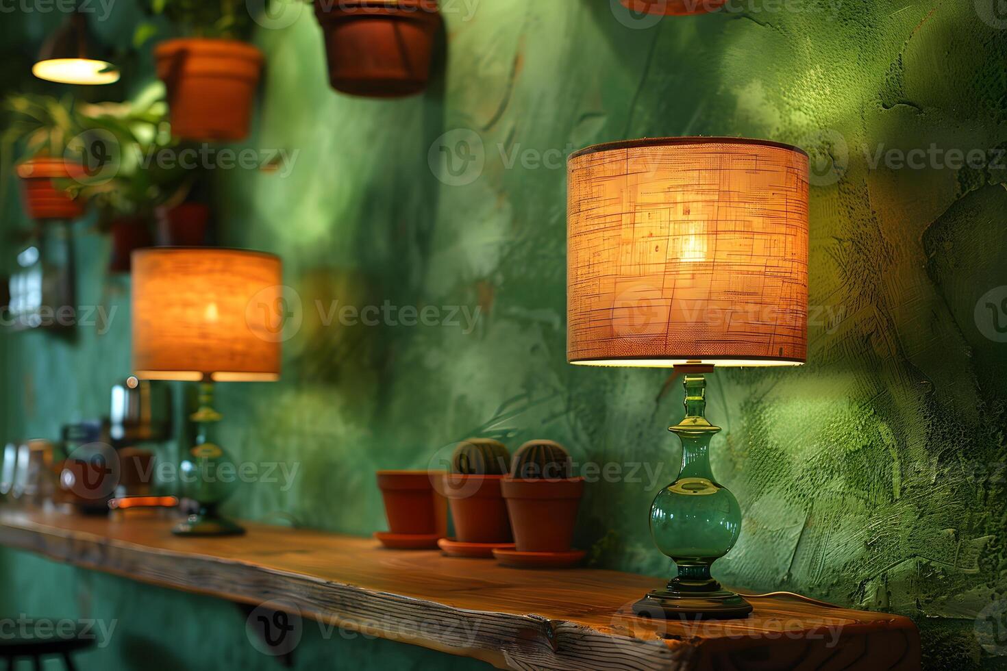 Cozy Indoor Greenery with Warm Lamp Light in Rustic Interior Design for Home Decor and Cafes photo