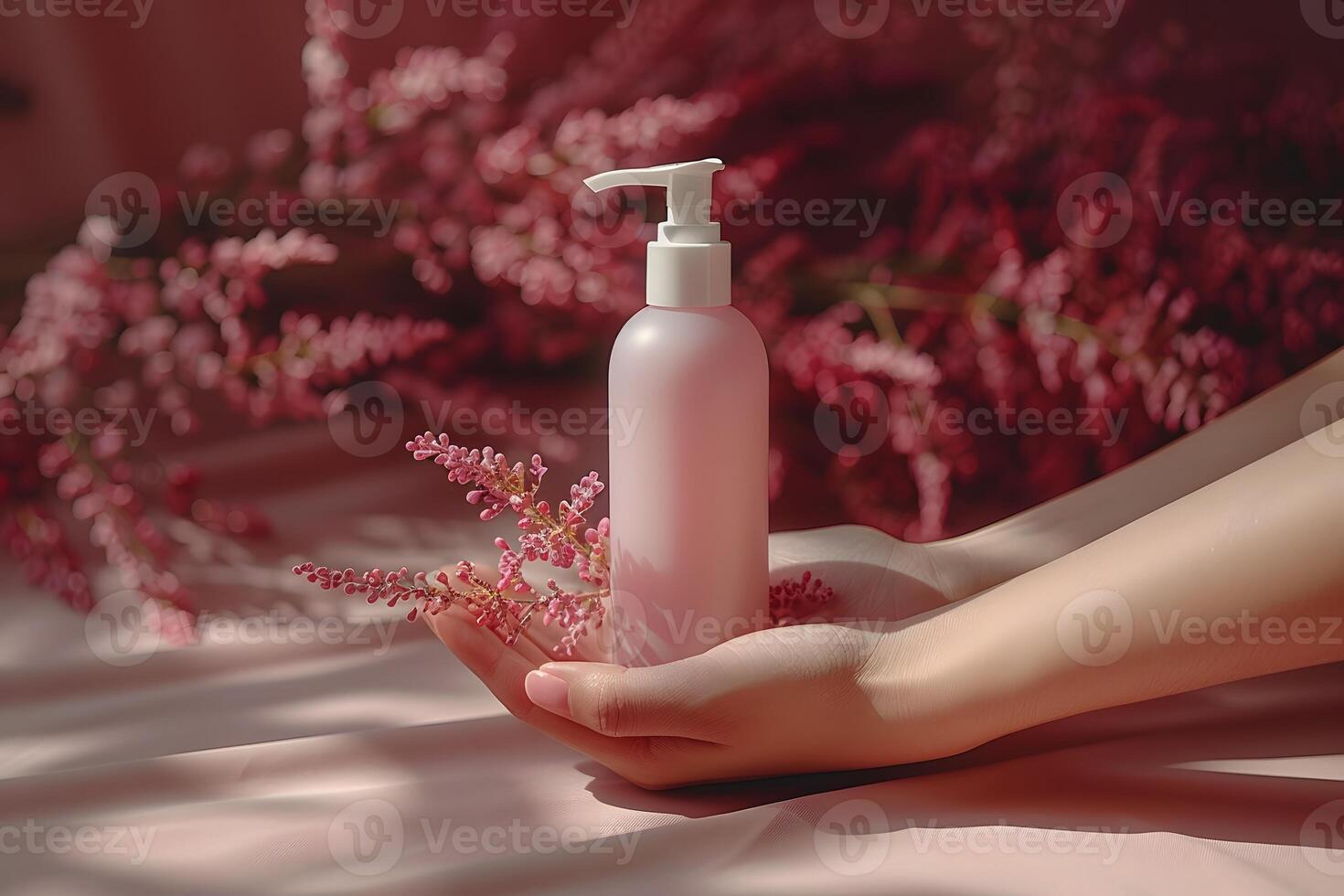 Elegant Skincare Product Display with Pink Tones and Floral Background for Beauty and Cosmetics Advertisement photo