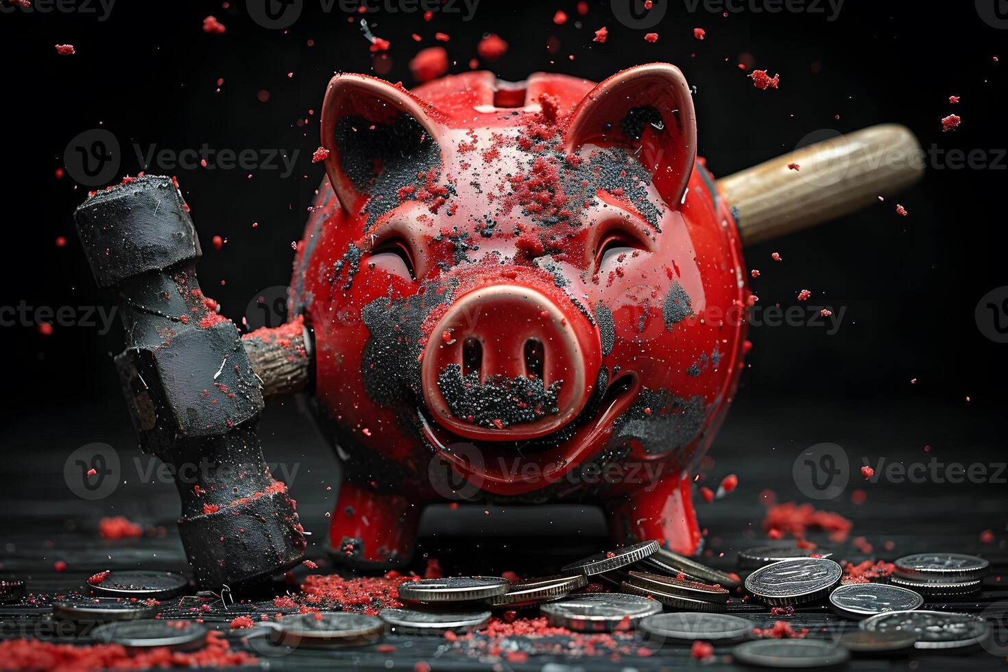 Broken Red Piggy Bank with Mallet on Dark Background, Coins Scattered - Financial Crisis Concept photo