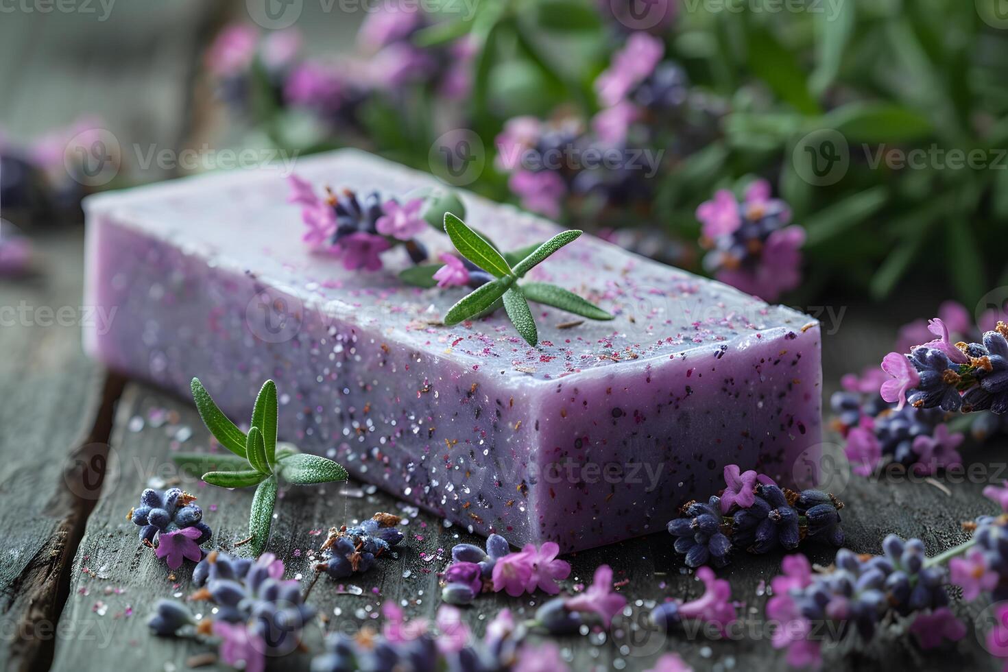 Handcrafted Lavender Soap with Fresh Herbs and Flowers on Wooden Background Perfect for Spa, Beauty, and Skincare Products photo