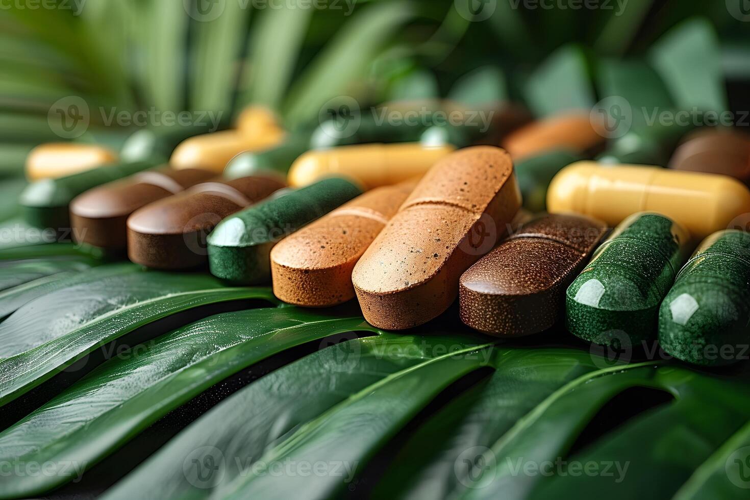 Natural Herb Supplements on Lush Green Leaves - Wellness and Health Concept for Design Solutions photo