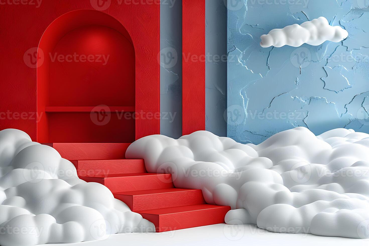 Surreal Dreamland Architecture Red Staircase with Cloud Formations in Artistic Interior Design photo