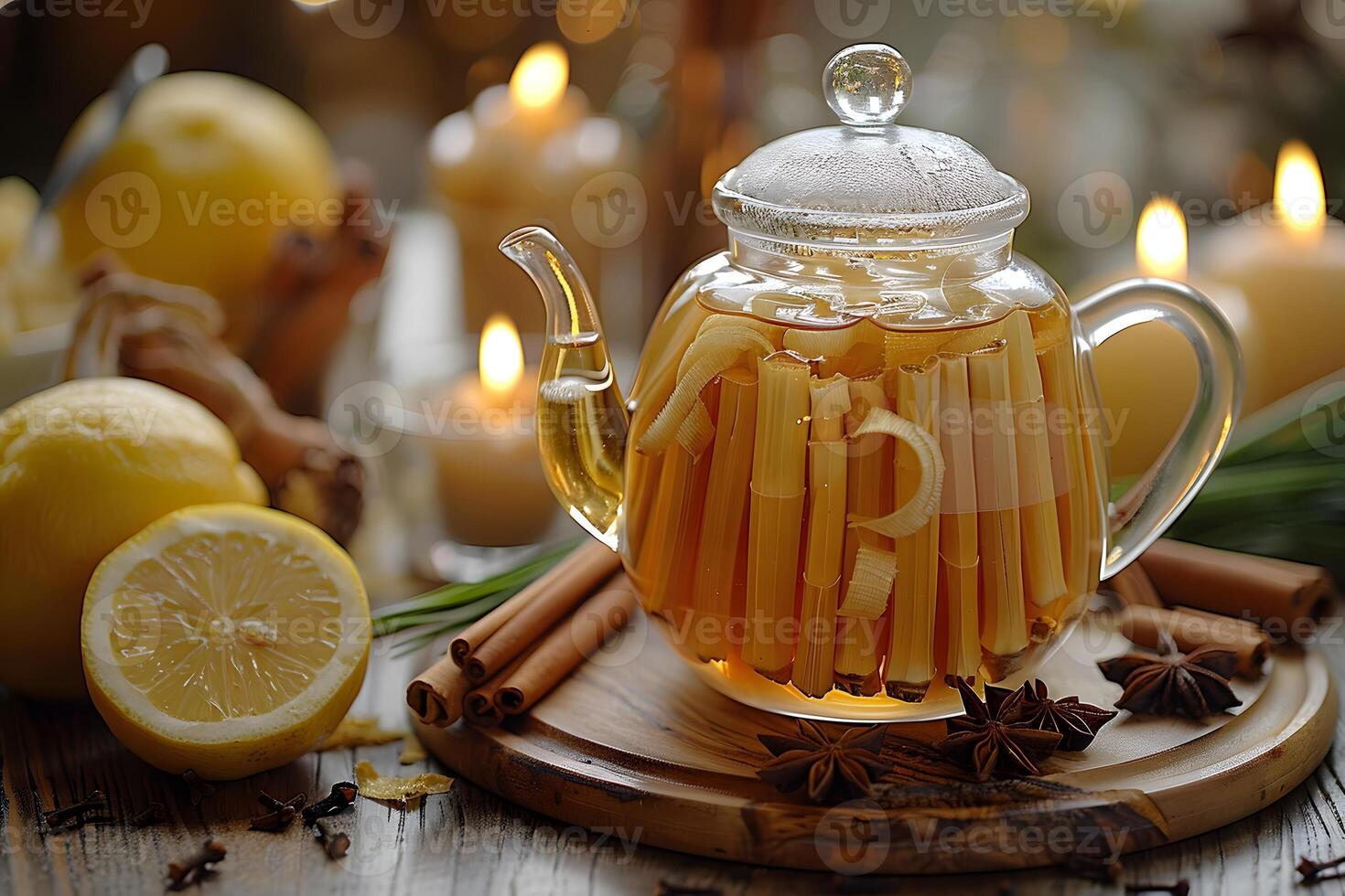 Cozy Autumn Evening with Lemon Ginger Tea and Cinnamon Sticks by Candlelight for Relaxation and Wellness photo