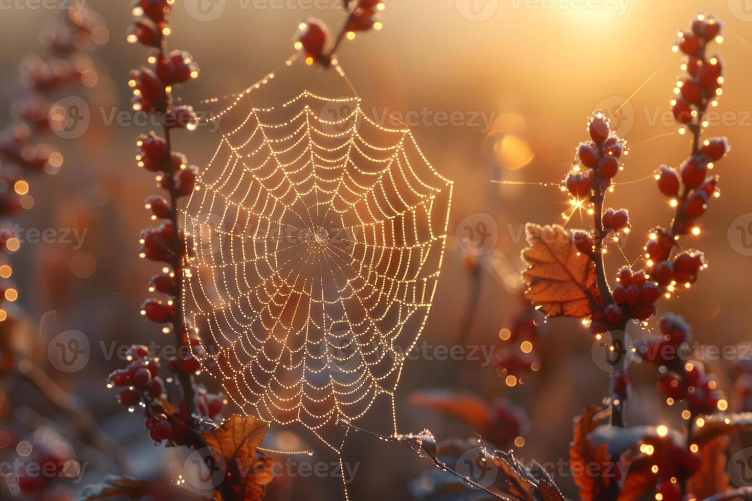 Dew-Covered Spider Web on Red Berry Branches at Sunrise - Nature's Intricate Beauty photo