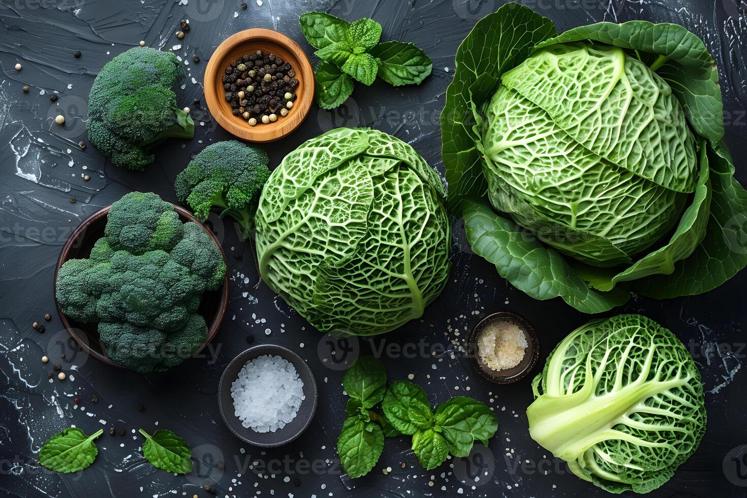 Fresh Green Vegetables Arrangement with Broccoli, Cabbage, and Seasonings on Dark Background for Healthy Eating Concepts photo