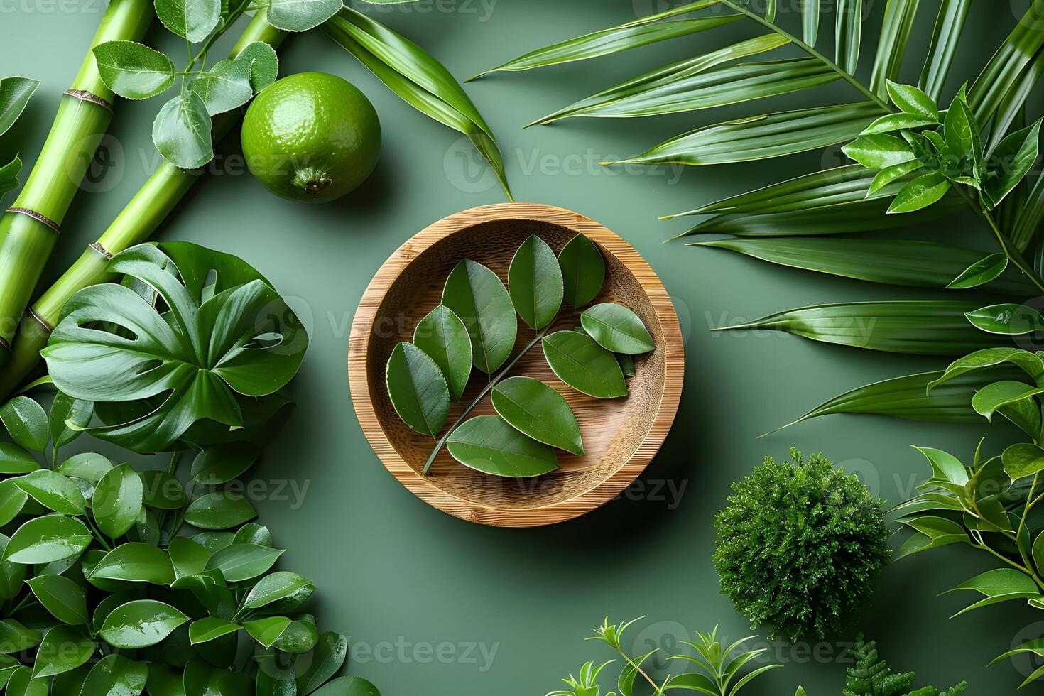 Natural Green Leaves and Bamboo Arrangement with Lime on Green Background for Eco-Friendly Design photo