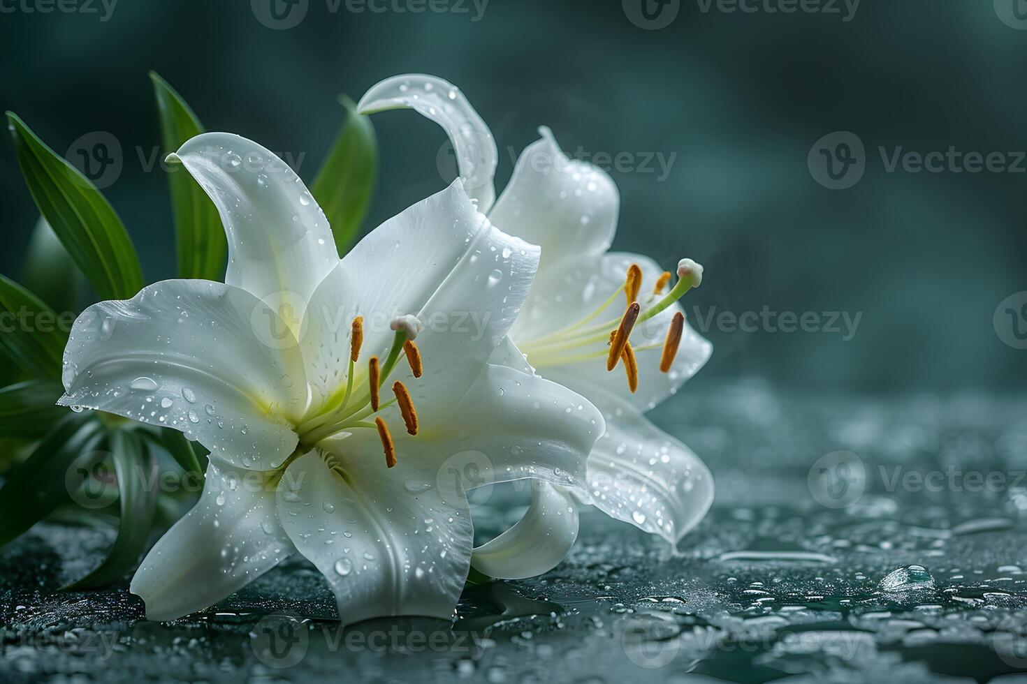 Elegant White Lilies with Dew Drops Captured on a Misty Morning Ideal for Nature Posters, Print Designs, and Floral Themes photo
