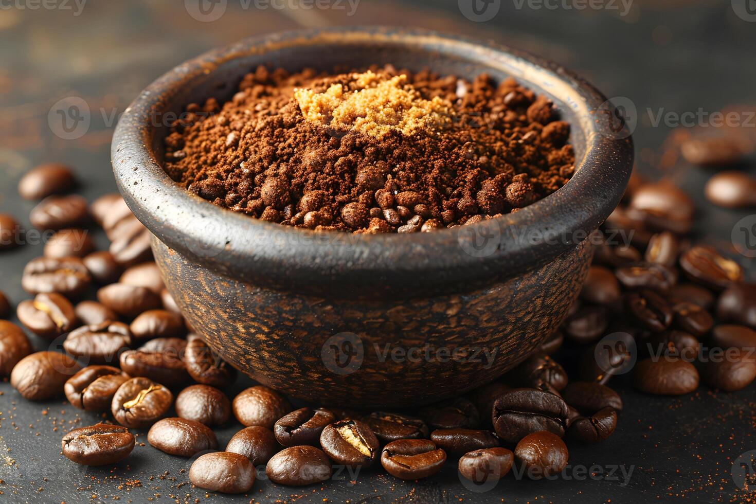 Freshly Ground Coffee Beans in Rustic Bowl with Brown Sugar - Perfect for Cafe Decor and Beverages photo