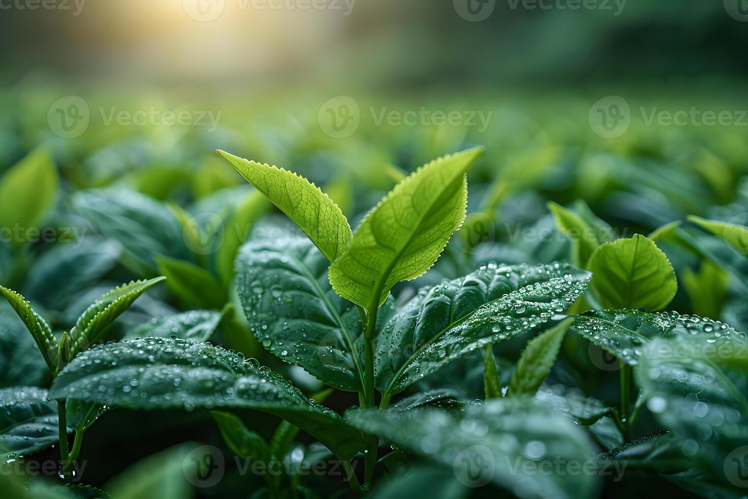 Fresh Tea Leaves with Morning Dew and Sunlight - Perfect for Nature and Agriculture Themes photo