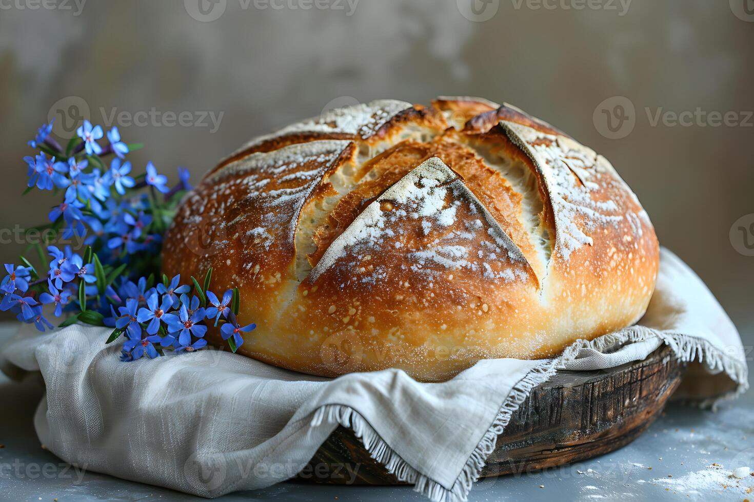 Rustic Homemade Bread with Blue Flowers - Perfect for Culinary Print, Rustic Decor photo