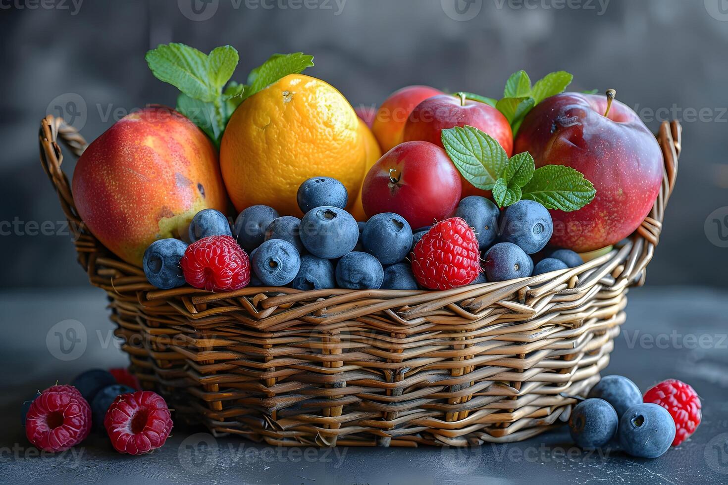 Fresh Summer Fruit Basket with Oranges, Peaches, Blueberries, and Raspberries for Healthy Eating and Seasonal Decor photo