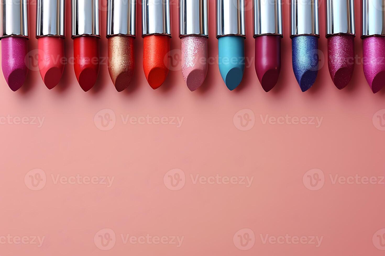 Colorful Lipstick Array for Beauty, Makeup, and Fashion Design Vibrant Cosmetic Collection on Peach Background photo