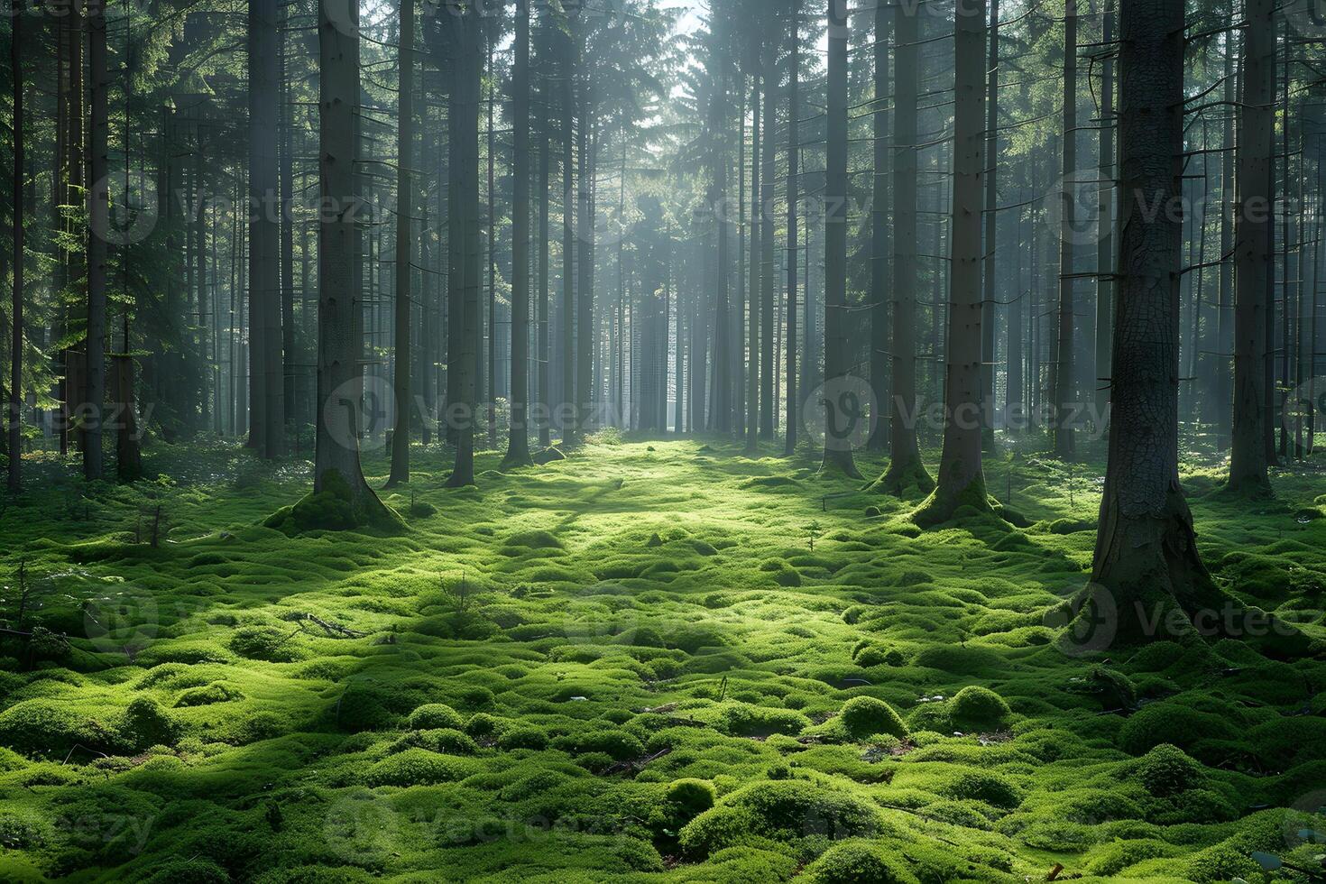 Enchanting Sunlit Pine Forest with Lush Green Moss - Nature Landscape for Poster Design photo