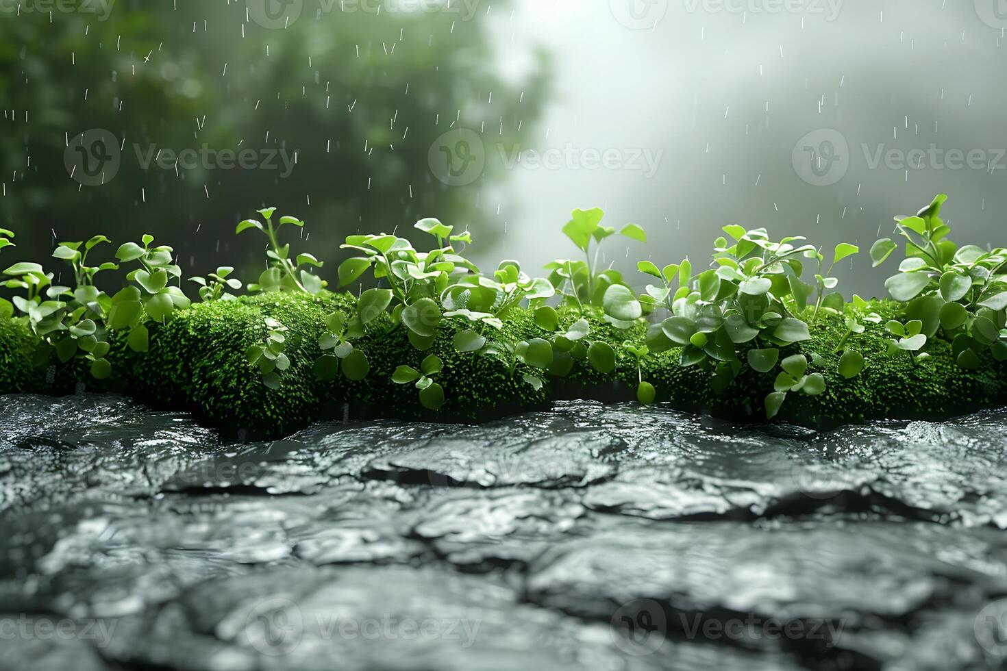 Lush Green Moss and Plants on Wet Stone in Misty Rainforest Nature Background Design for Posters and Prints photo