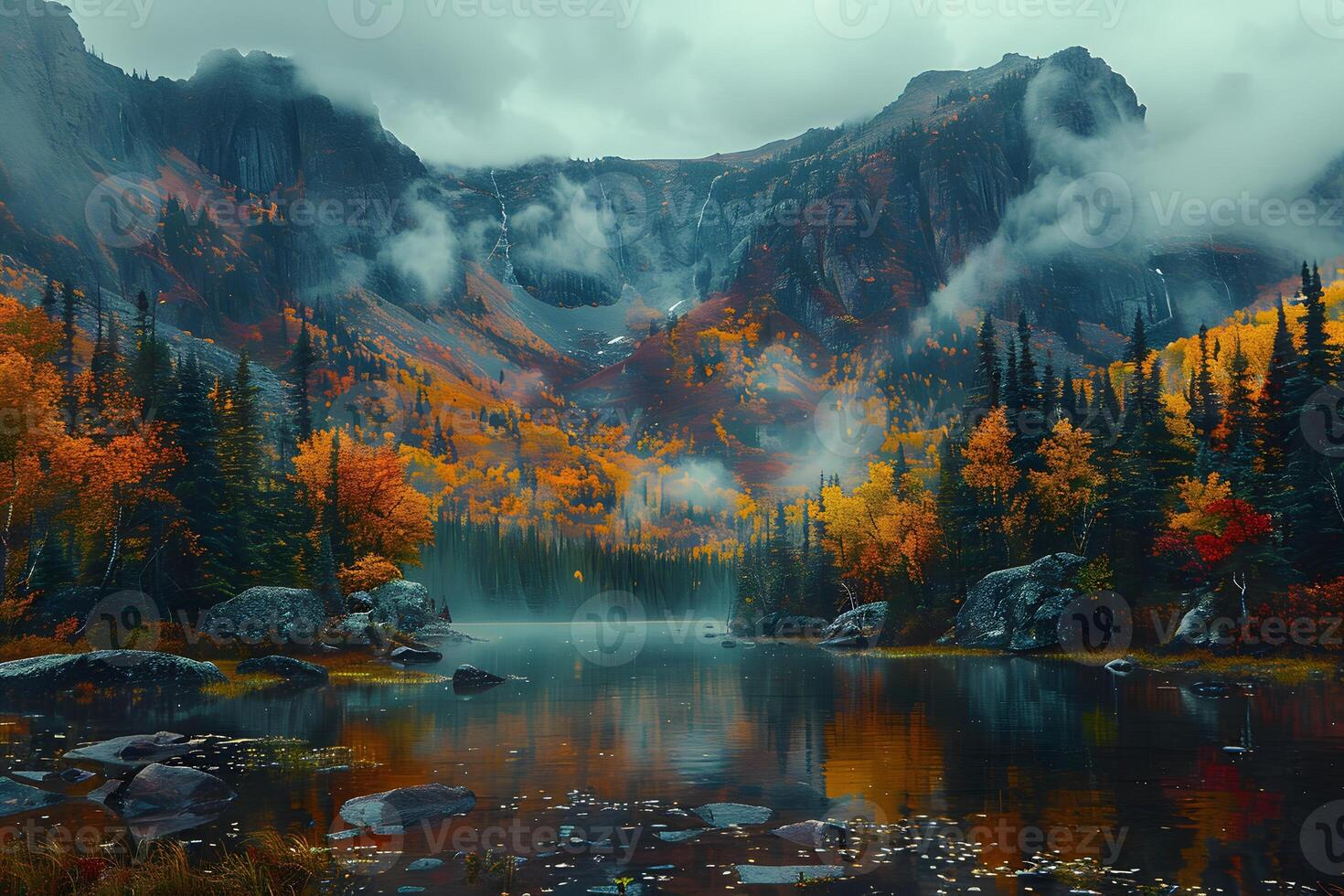 Autumn in Mountain Valley with Vibrant Foliage, Misty Lake, and Dramatic Cliffs Perfect for Posters, Prints, and Nature Designs photo