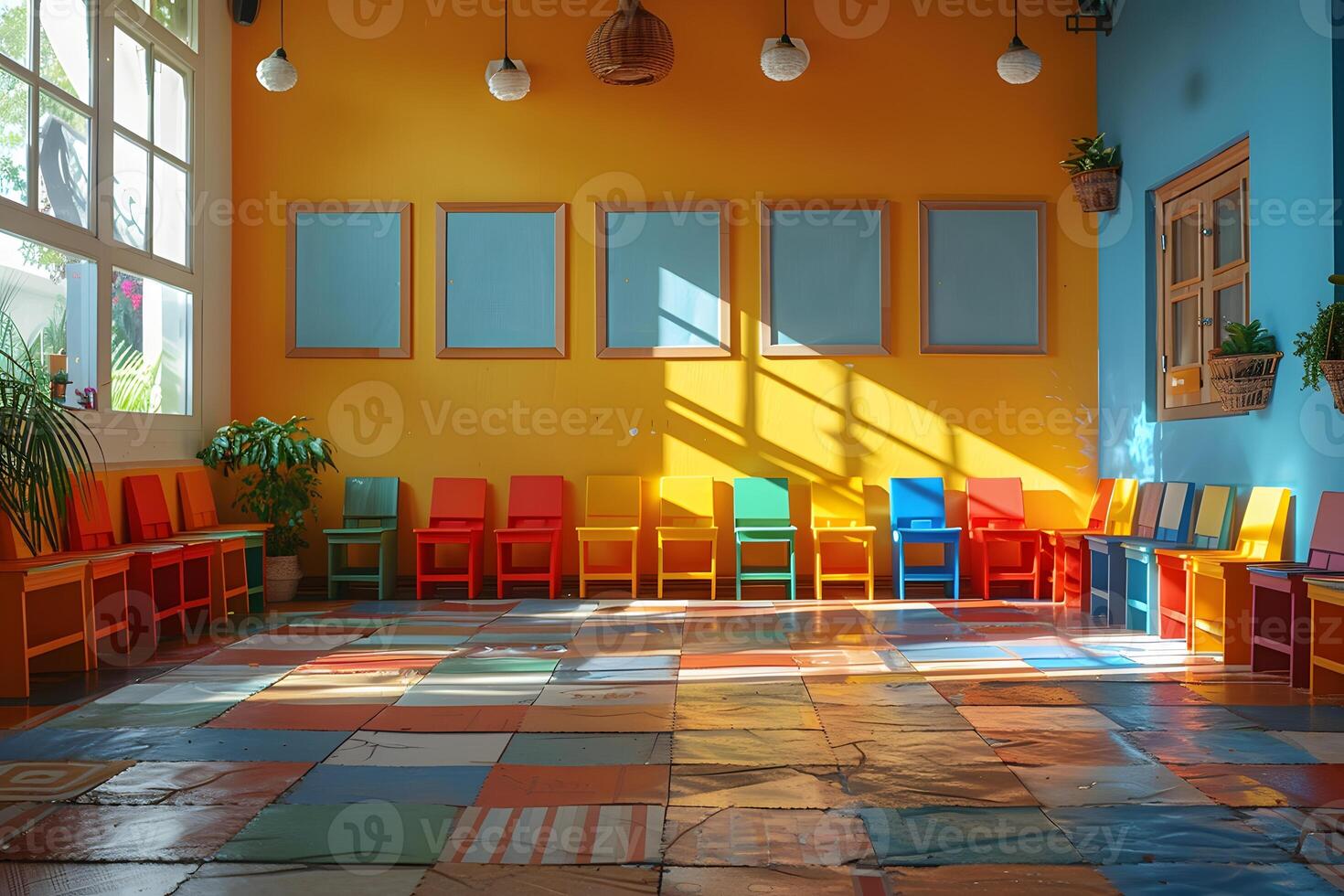 Colorful Empty Classroom with Wooden Chairs and Natural Light - Education and Interior Design Inspiration photo