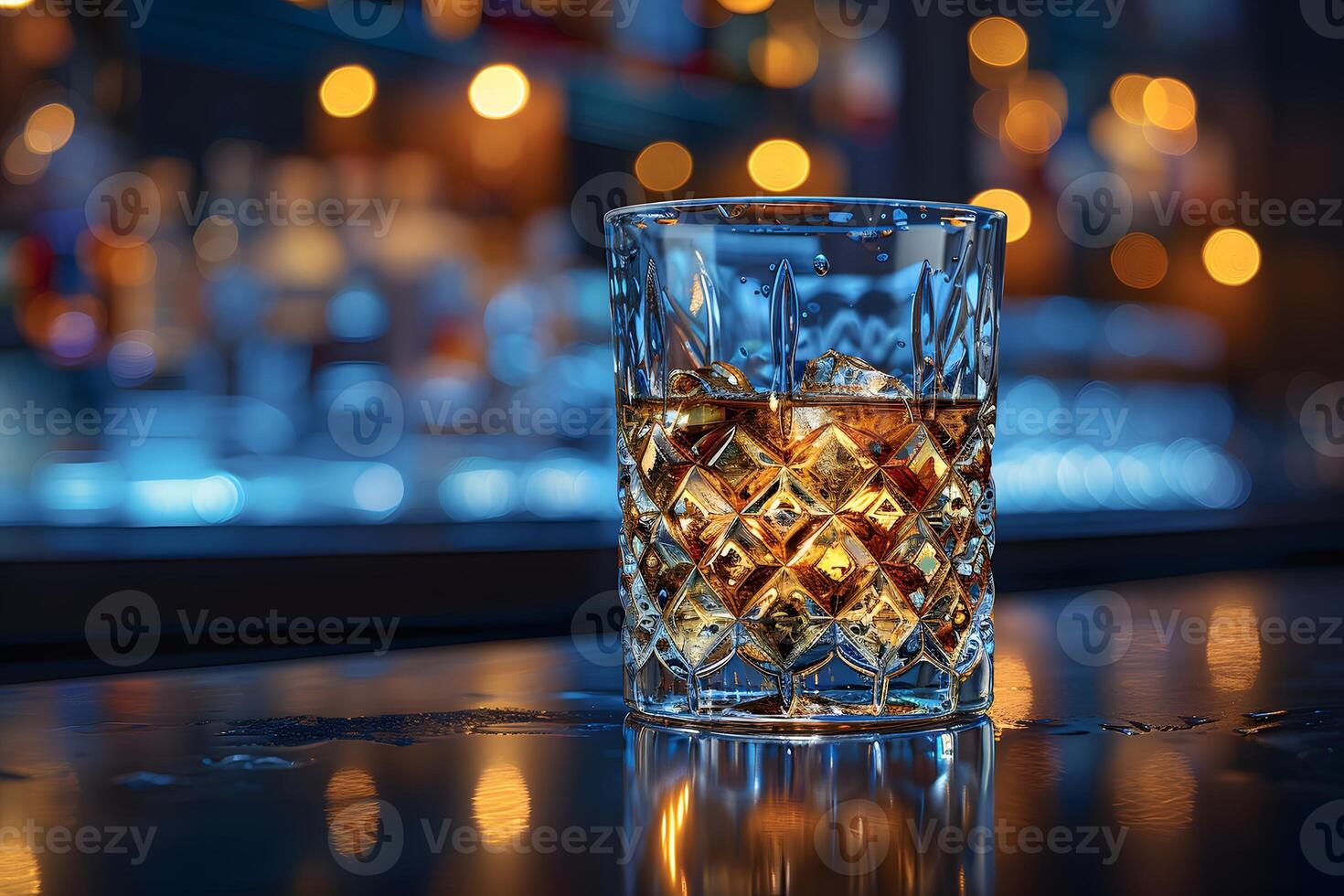 Elegant Whiskey Glass on Bar Counter with Background Bokeh Lights - High-Quality Stock Photo for Beverage Promotions