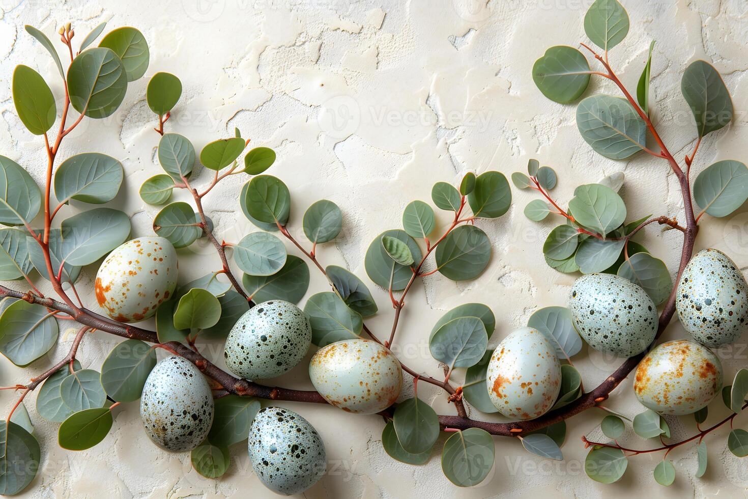 Speckled Easter Eggs on Eucalyptus Branch - Perfect for Spring and Easter Decor, Prints, and Greeting Cards photo