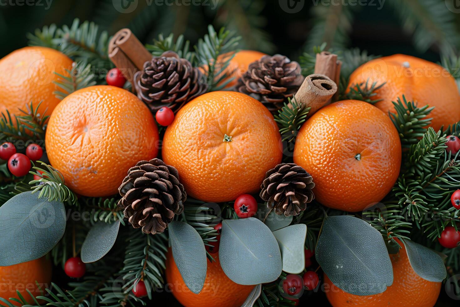Festive Holiday Wreath with Oranges, Pine Cones, Cinnamon Sticks, and Greenery for Christmas Decor photo