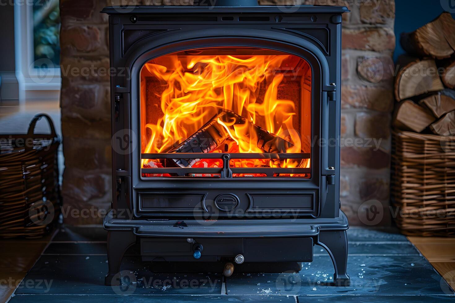 Cozy Home Comfort with Burning Firewood in a Classic Black Stove for Winter Warmth photo