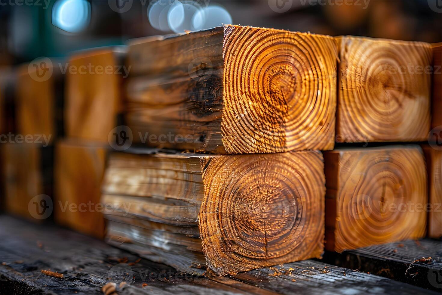 Stacked Lumber with Detailed Wood Grain in Rustic Setting - Carpentry and Construction Materials photo