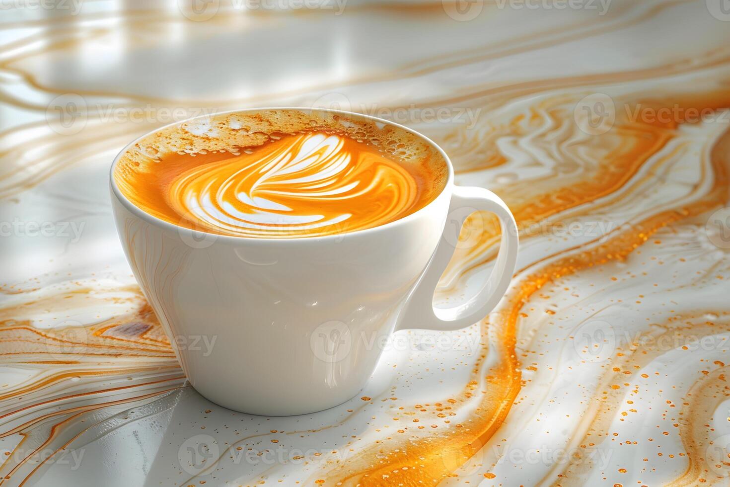 Artistic Latte in White Cup with Intricate Foam Design on a Swirled Coffee-Stained Surface for Beverage Ads and Creative Designs photo