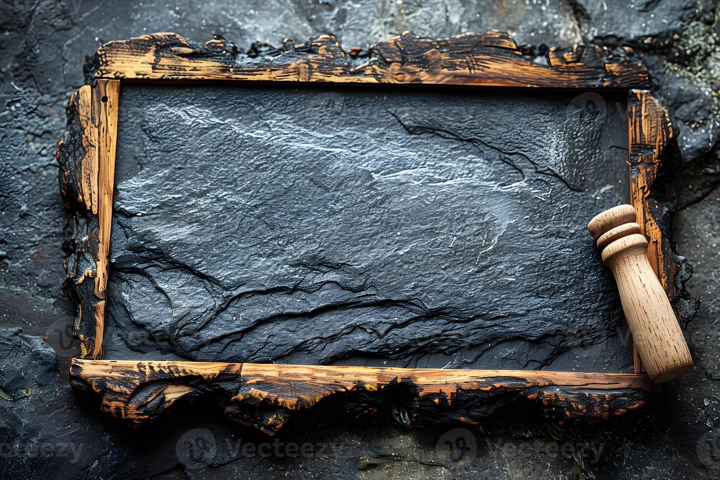 Rustic Wooden Frame with Slate Stone Surface - Ideal for Culinary Presentations and Food Photography photo