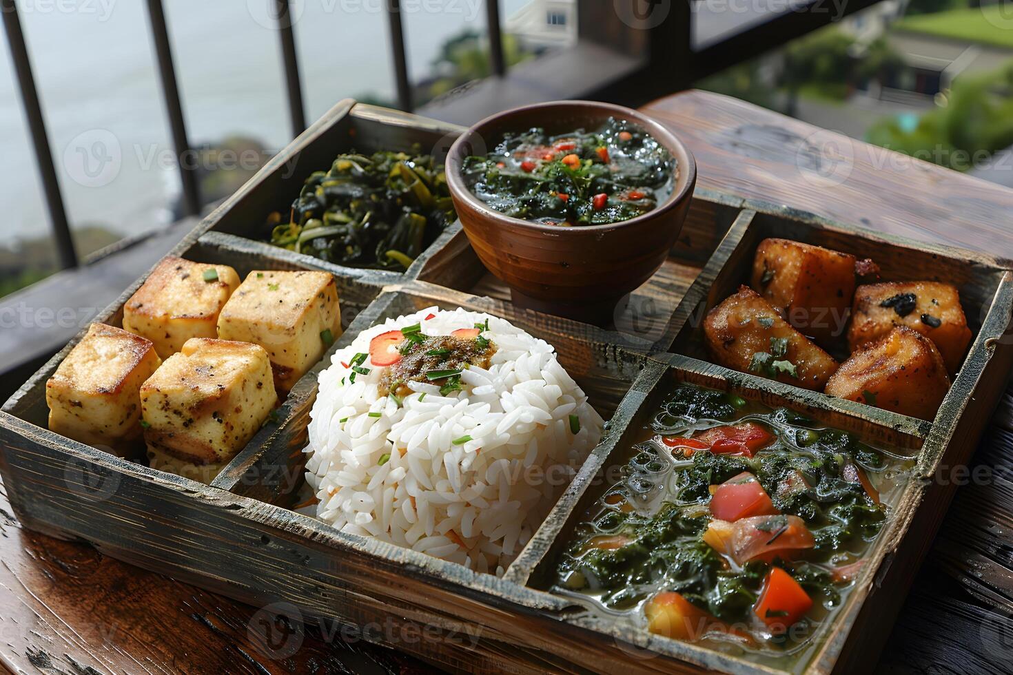 Gourmet Vegetarian Bento Box with Tofu, Steamed Rice, and Various Green Veggies - Ideal for Healthy Meal Inspiration and Food Blogs photo