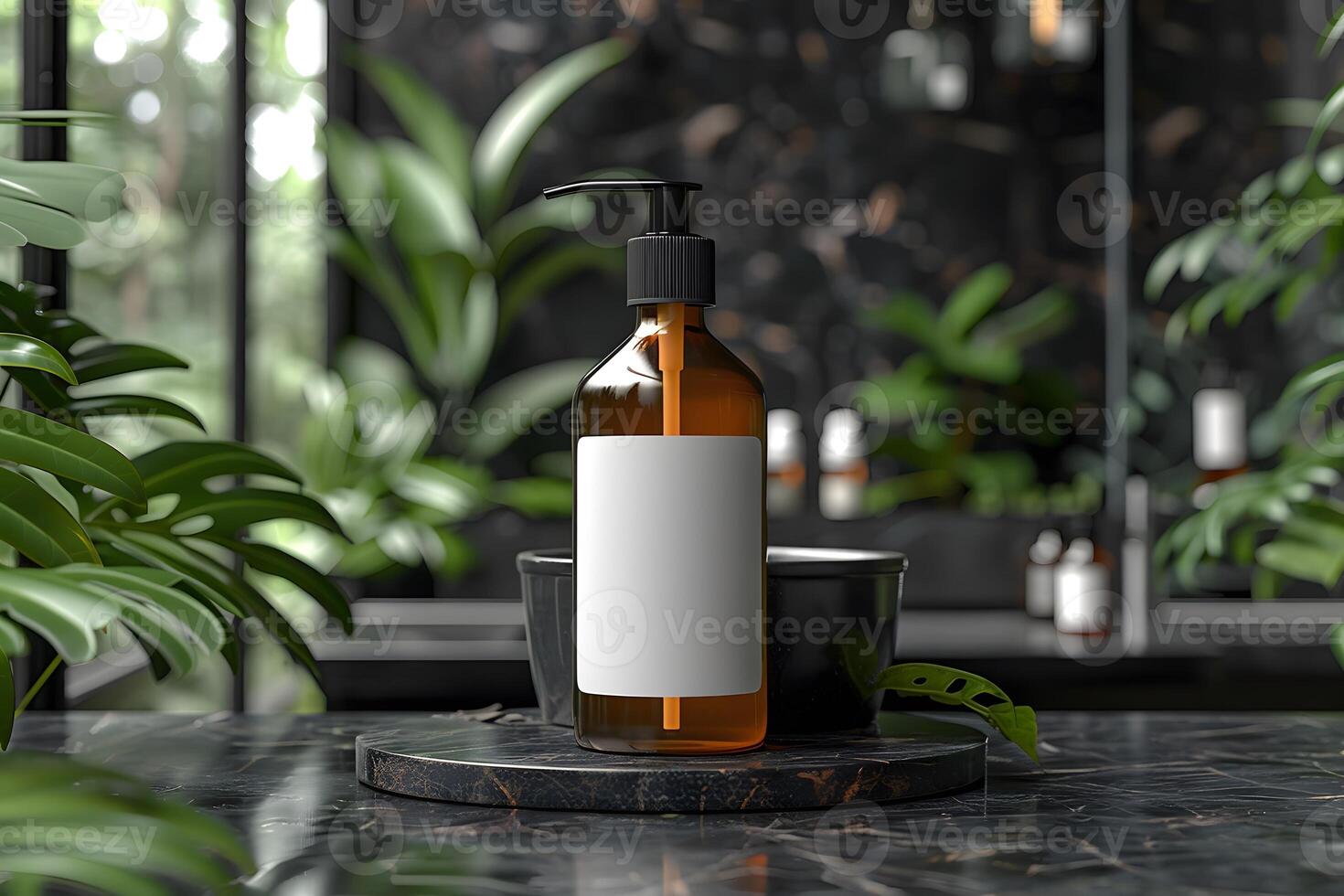 Luxury Skincare Product in Spa Setting with Amber Bottle on Marble Surface - Design for Print, Card, Poster photo