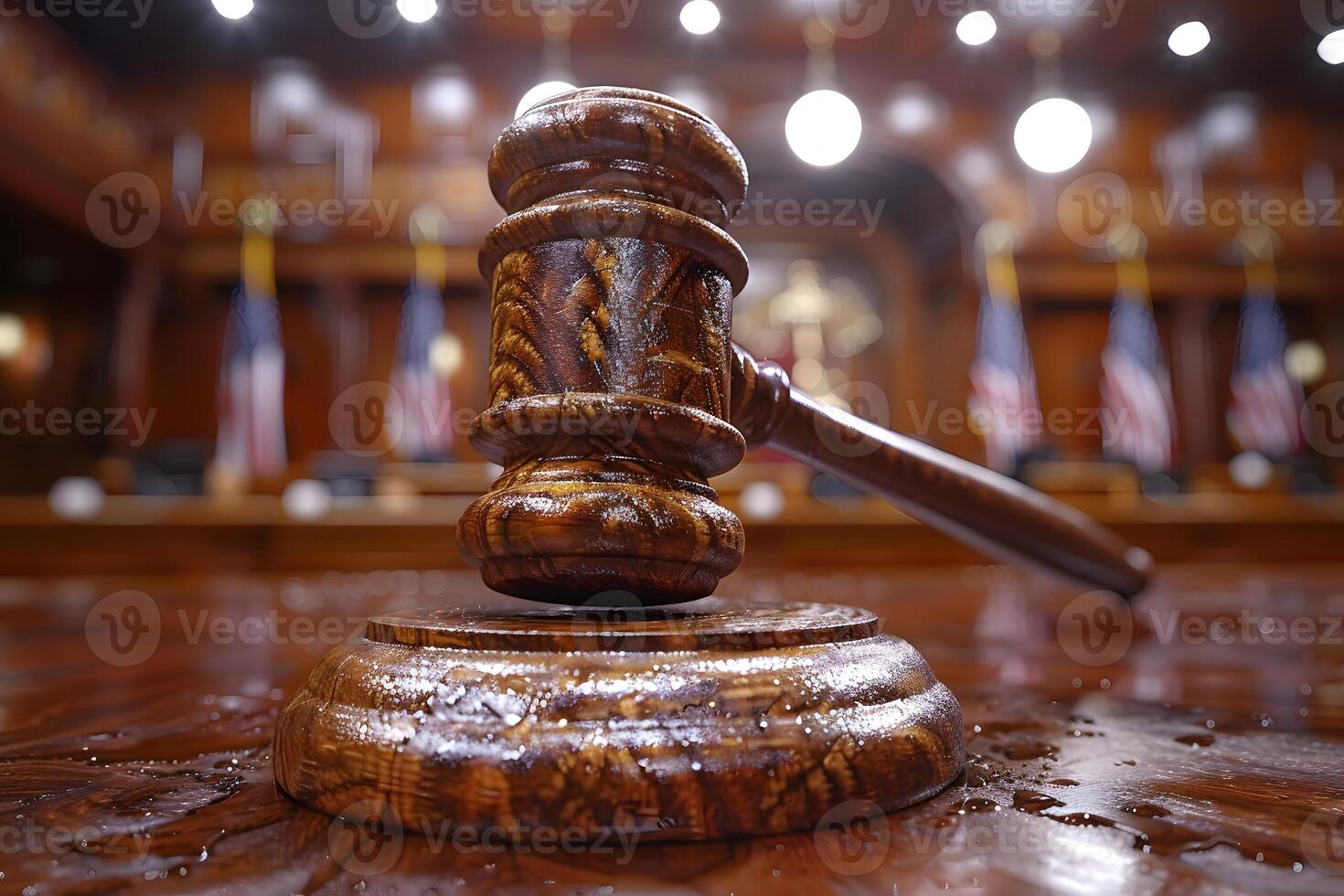 Close-Up of Judge's Gavel on Bench in Courtroom with Flags - Law and Justice Concept photo
