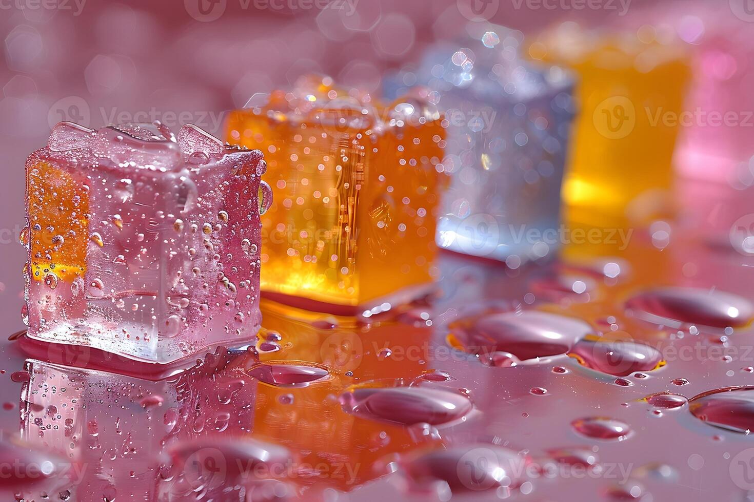 Colorful Jelly Cubes with Water Droplets on Reflective Surface - Abstract Summer Dessert Concept photo