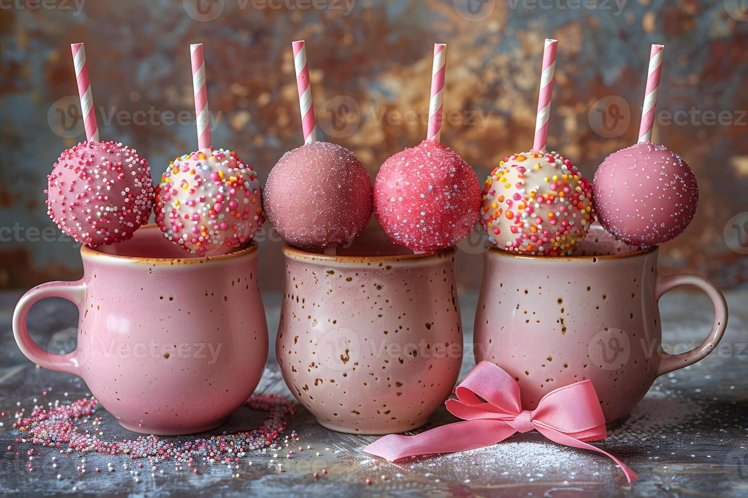Pink Cake Pops in Ceramic Mugs with Sprinkles and Straws - Festive Dessert Setup for Celebrations and Parties photo