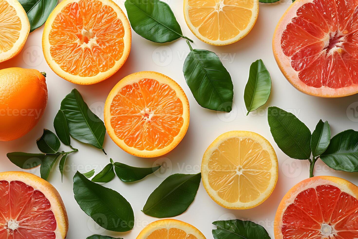 Fresh Citrus Fruits and Green Leaves on White Background - Vibrant and Healthy Food Concept photo