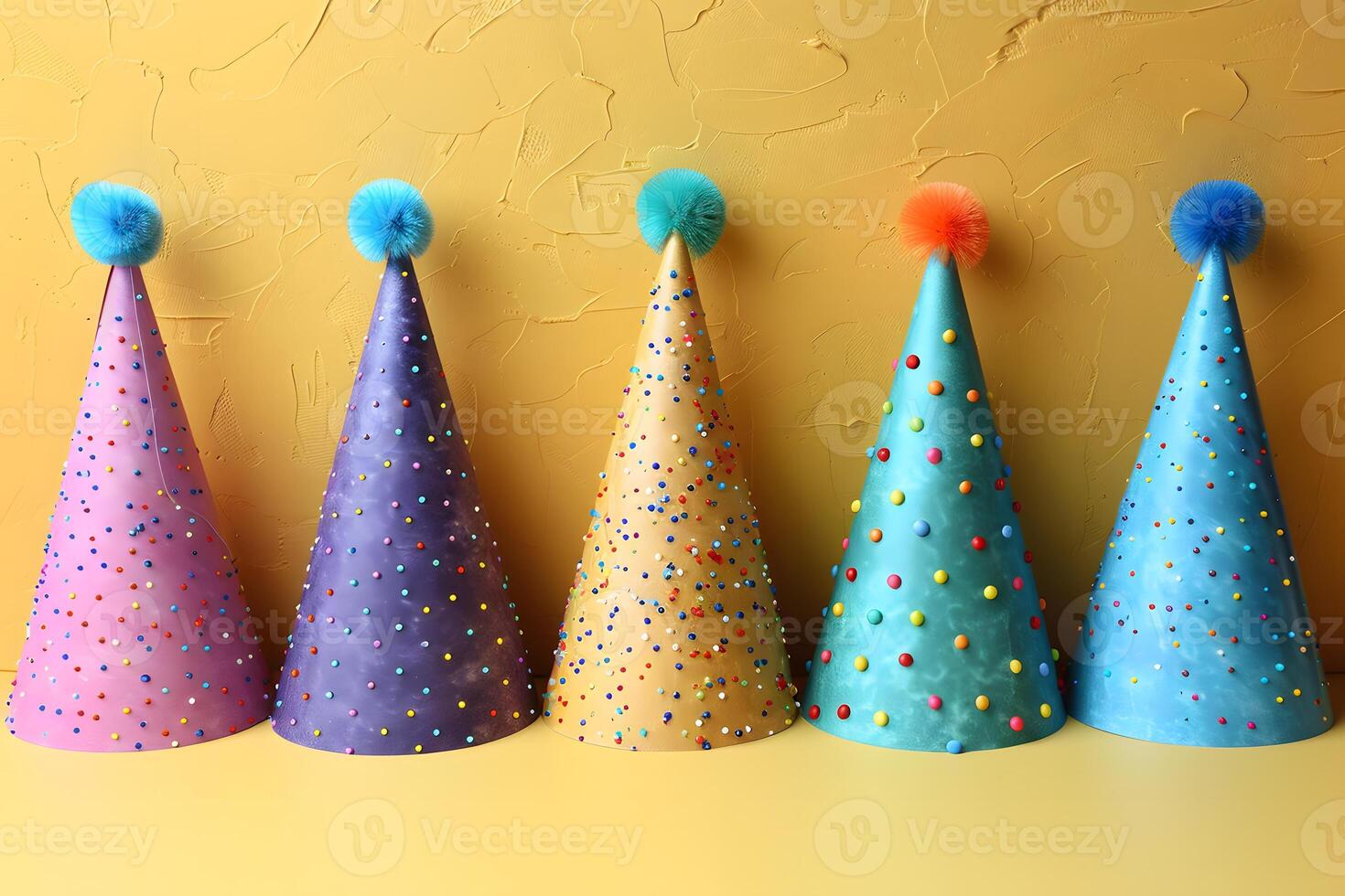 Vibrant Party Hats on Textured Yellow Background Perfect for Celebrations, Birthdays, and Festive Occasions photo