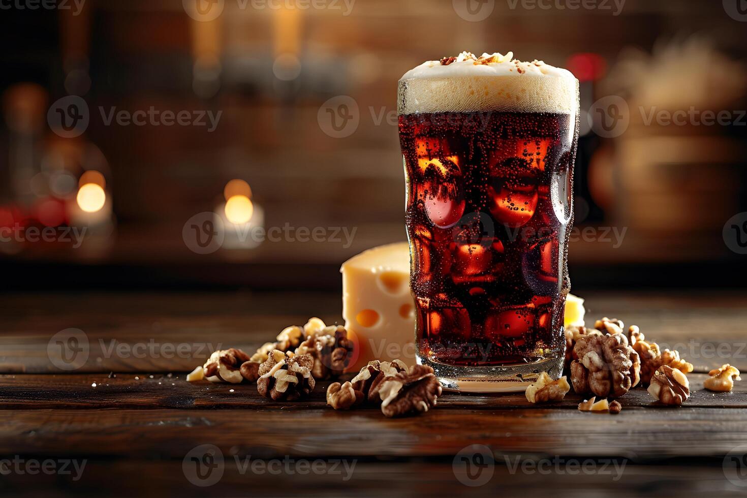 Refreshing Dark Beer with Cheese and Walnuts on Rustic Wooden Table photo