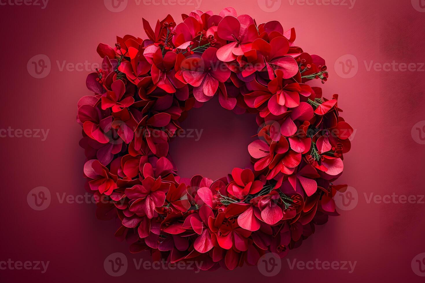 Elegant Red Floral Wreath on Deep Red Background - Holiday Decoration, Festive Design for Cards, Posters, Invitations photo
