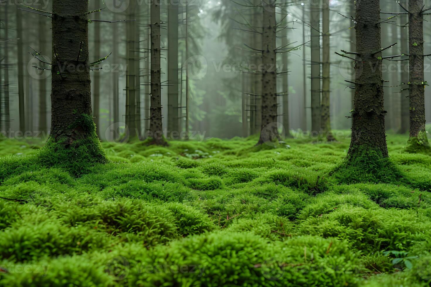 Misty Forest with Lush Green Moss - Nature Landscape for Tranquil Outdoor Designs photo