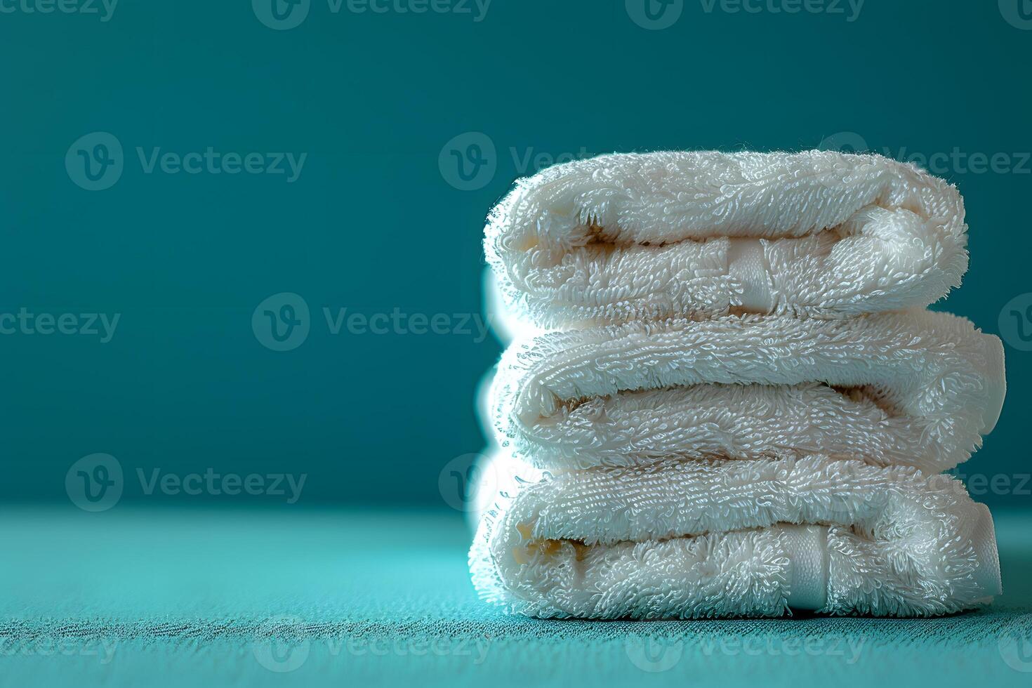 Stacked White Towels Against Aqua Background - Spa, Wellness, Hygiene Concept photo