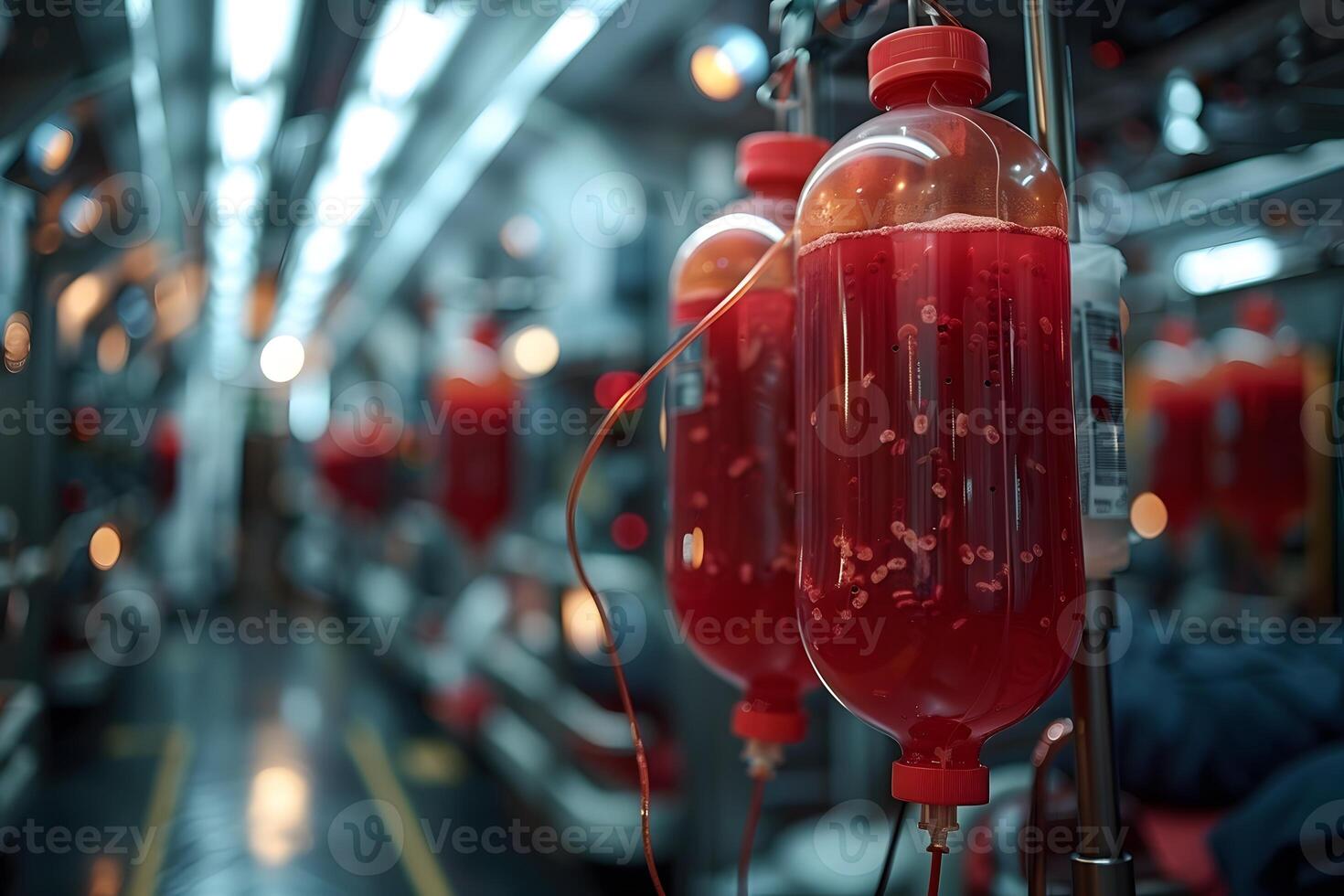 Medical Laboratory Setting with IV Drip Bags Containing Red Fluid and Laboratory Equipment photo
