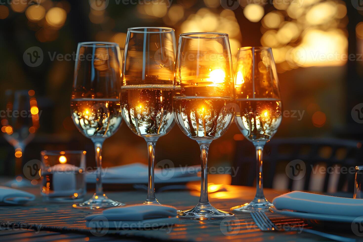 Elegant Outdoor Evening Dining with Wine Glasses at Sunset - Perfect for Romantic Dinner Settings photo