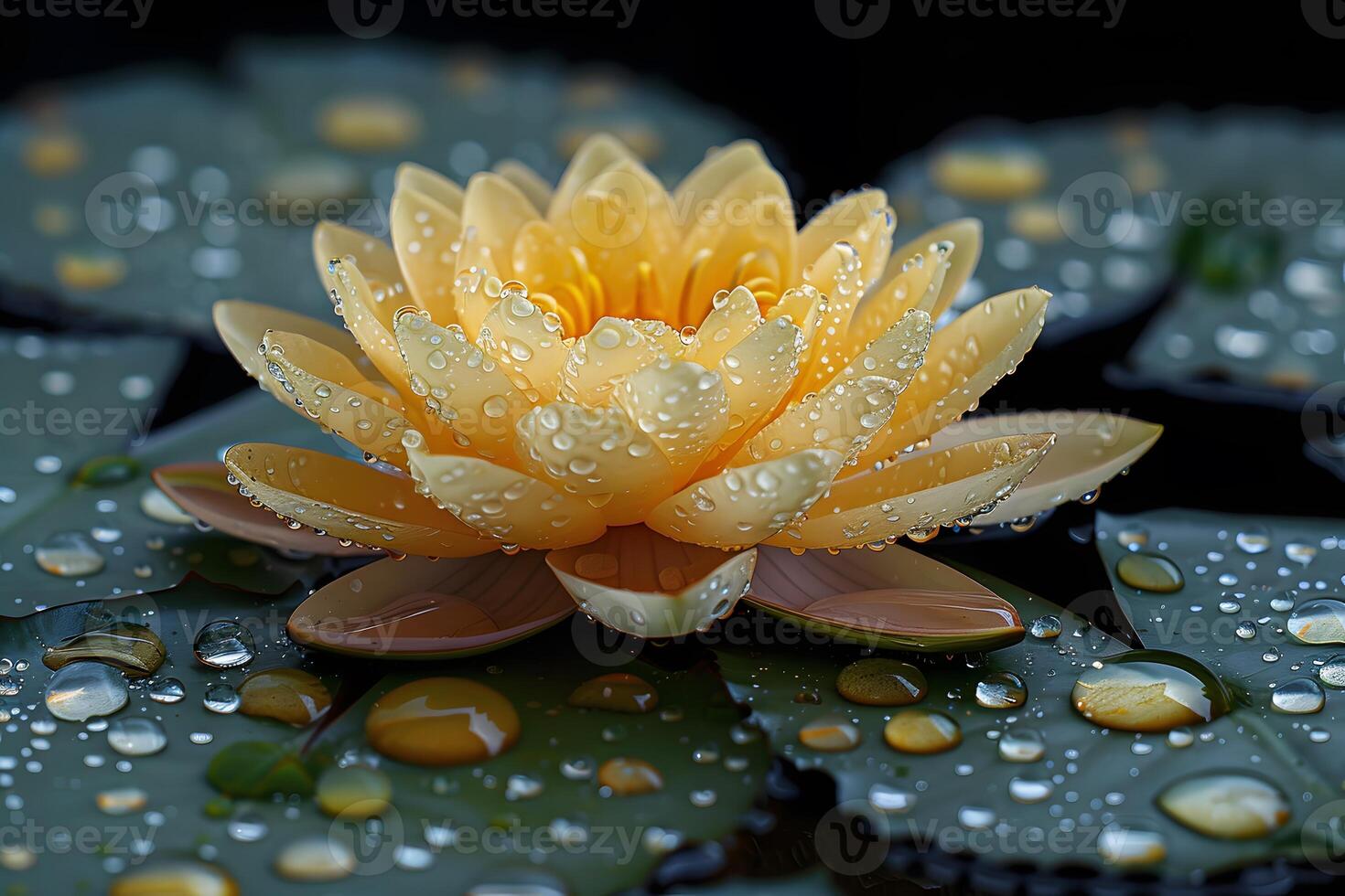 Yellow Lotus Blossom with Dew Drops on Lily Pads - Nature Floral Photography photo